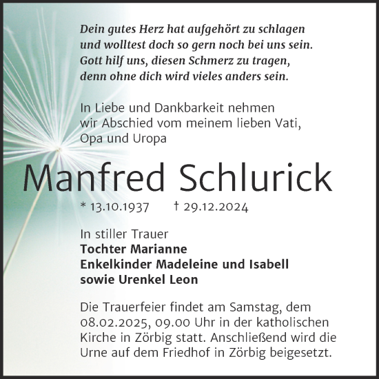 Traueranzeige von Manfred Schlurick von Trauerkombi Bitterfeld