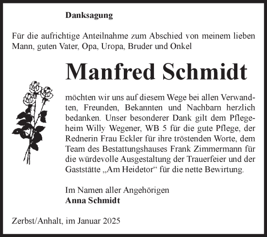 Traueranzeige von Manfred Schmidt von Volksstimme Zerbst