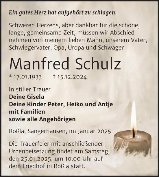 Traueranzeige von Manfred Schulz von Trauerkombi Sangerhausen