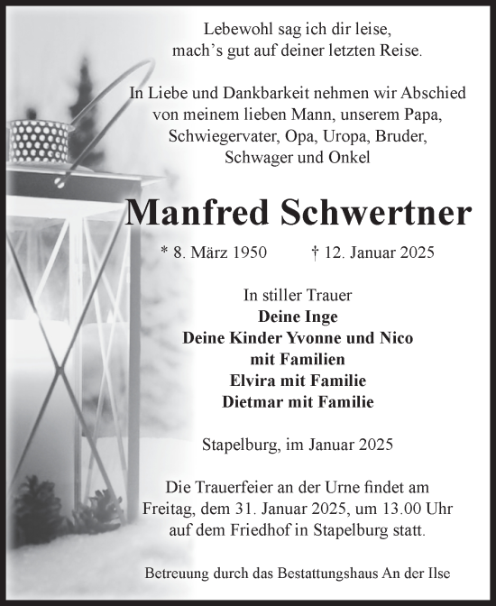 Traueranzeige von Manfred Schwertner von Volksstimme Wernigerode