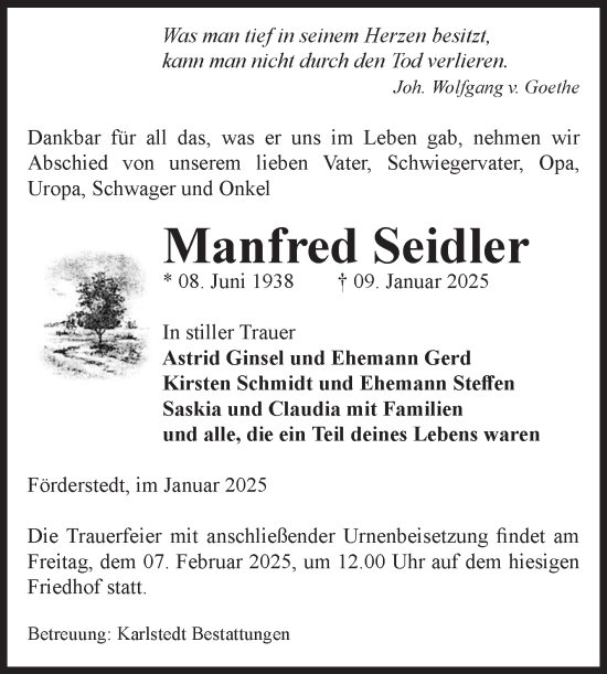 Traueranzeige von Manfred Seidler von Volksstimme Schönebeck