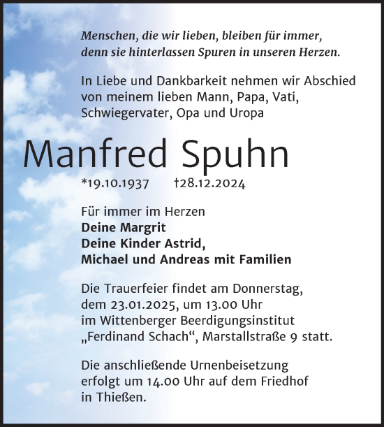 Traueranzeige von Manfred Spuhn von Trauerkombi Wittenberg