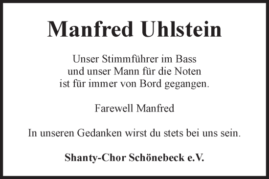 Traueranzeige von Manfred Uhlstein von Volksstimme Schönebeck