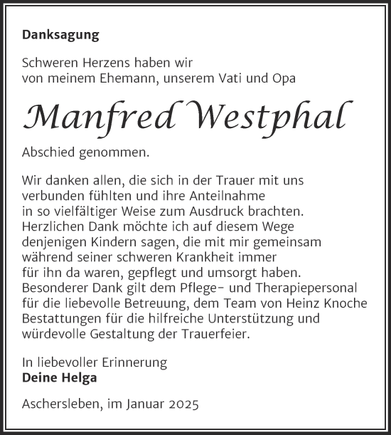 Traueranzeige von Manfred Westphal von Trauerkombi Mansfelder Land