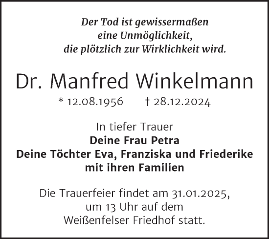 Traueranzeige von Manfred Winkelmann von Trauerkombi Weißenfels