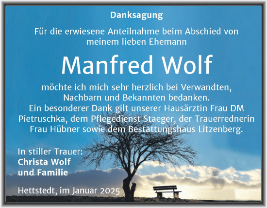 Traueranzeige von Manfred Wolf von Trauerkombi Mansfelder Land