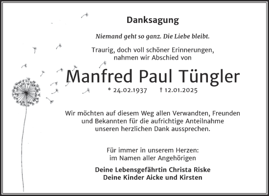 Traueranzeige von Manfred Paul Tüngler von Trauerkombi Wittenberg