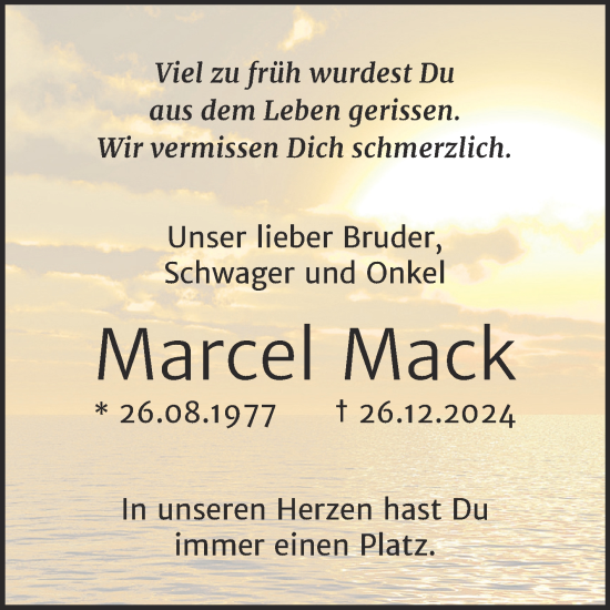 Traueranzeige von Marcel Mack von Trauerkombi Wittenberg