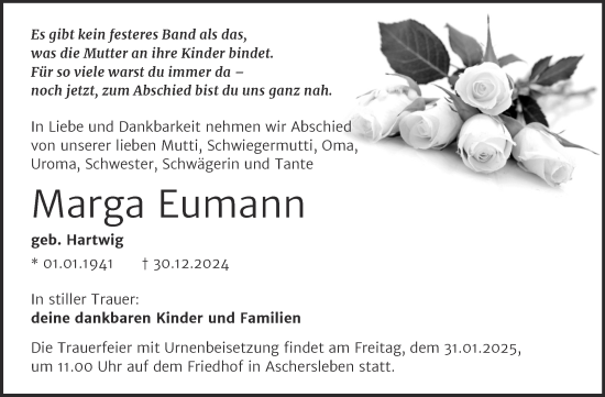 Traueranzeige von Marga Eumann von Trauerkombi Aschersleben