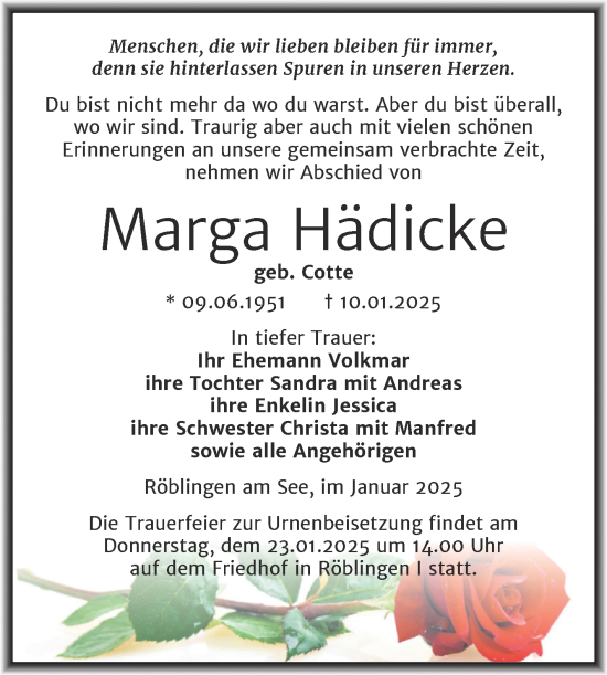 Traueranzeige von Marga Hädicke von Trauerkombi Mansfelder Land