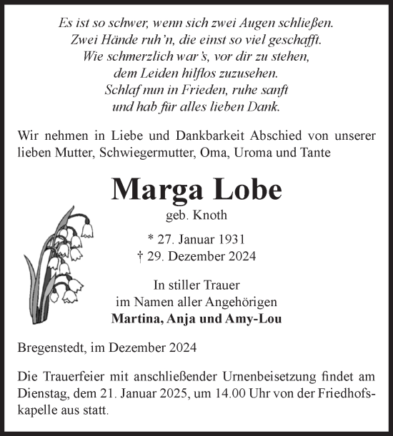 Traueranzeige von Marga Lobe von Volksstimme Haldensleben/Wolmirstedt