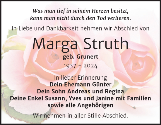 Traueranzeige von Marga Struth von Trauerkombi Weißenfels