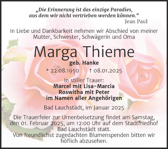 Traueranzeige von Marga Thieme von Trauerkombi Merseburg