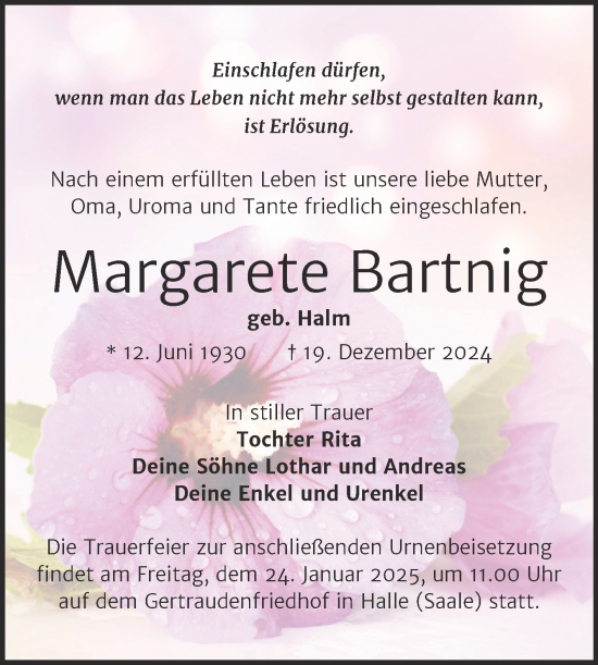 Traueranzeige von Margarete Bartnig von Mitteldeutsche Zeitung Halle/Saalkreis
