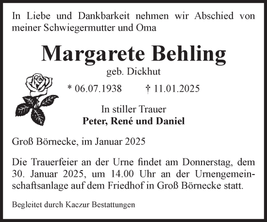 Traueranzeige von Margarete Behling von Volksstimme Staßfurt