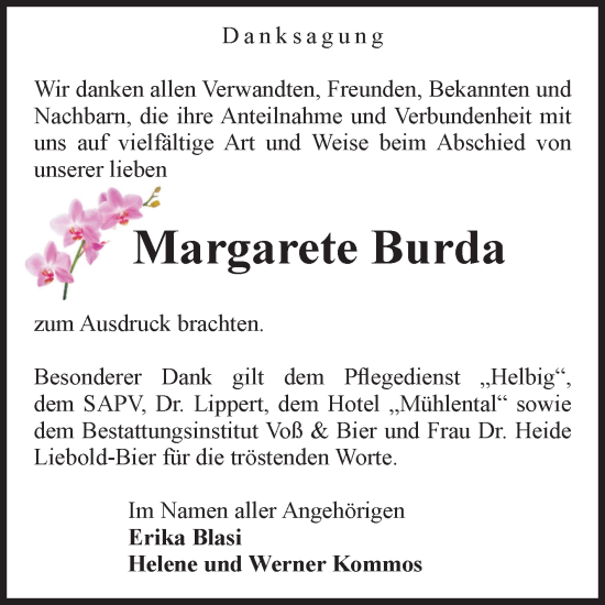 Traueranzeige von Margarete Burda von Volksstimme Wernigerode