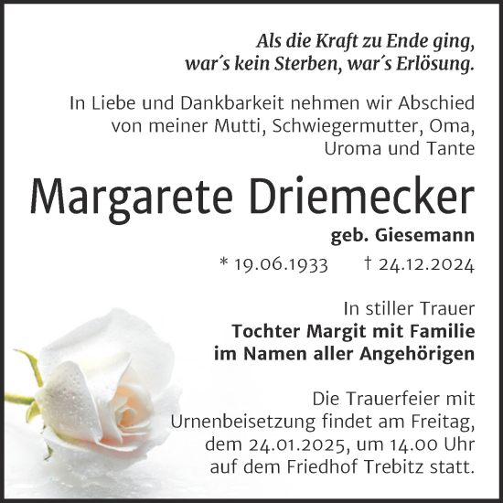 Traueranzeige von Margarete Driemecker von Trauerkombi Bernburg