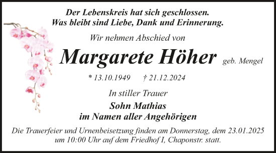 Traueranzeige von Margarete Höher von Mitteldeutsche Zeitung Dessau-Roßlau
