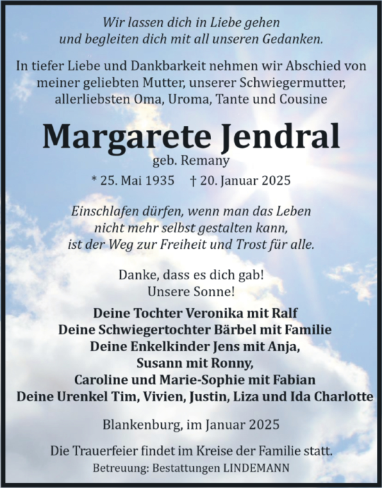 Traueranzeige von Margarete Jendral von Volksstimme Wernigerode
