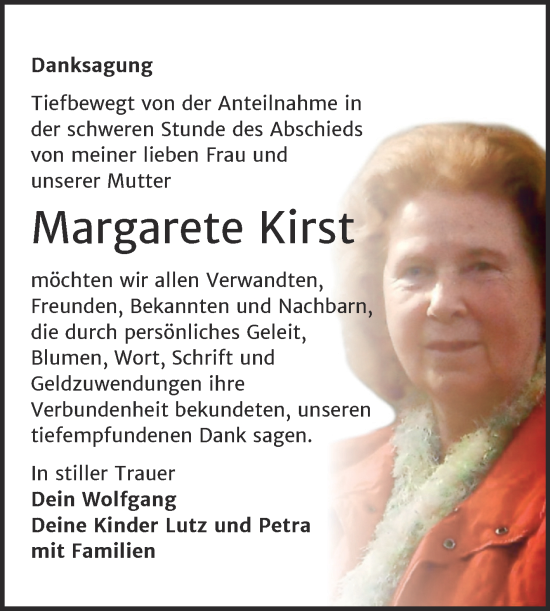 Traueranzeige von Margarete Kirst von Trauerkombi Sangerhausen