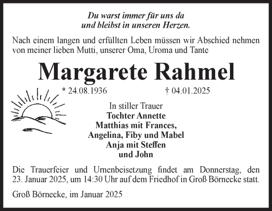 Traueranzeige von Margarete Rahmel von Volksstimme Staßfurt
