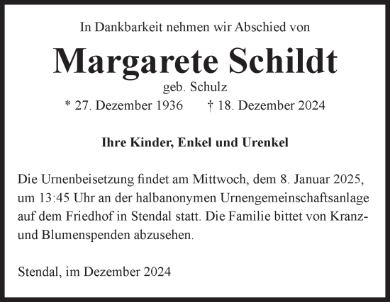 Traueranzeige von Margarete Schildt von Volksstimme Altmark Ost