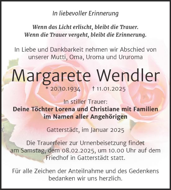 Traueranzeige von Margarete Wendler von Trauerkombi Merseburg
