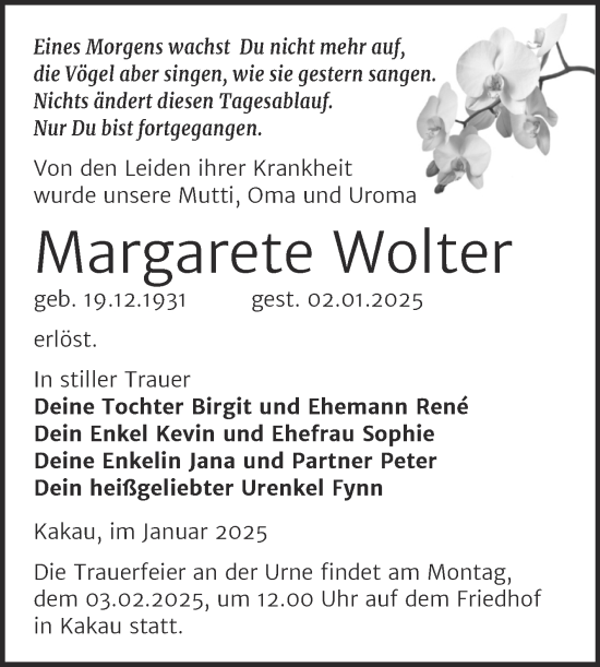 Traueranzeige von Margarete Wolter von Trauerkombi Wittenberg