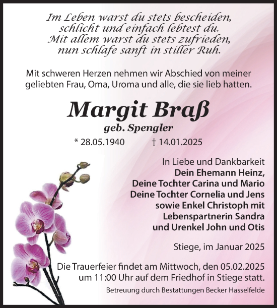 Traueranzeige von Margit Braß von Volksstimme Wernigerode