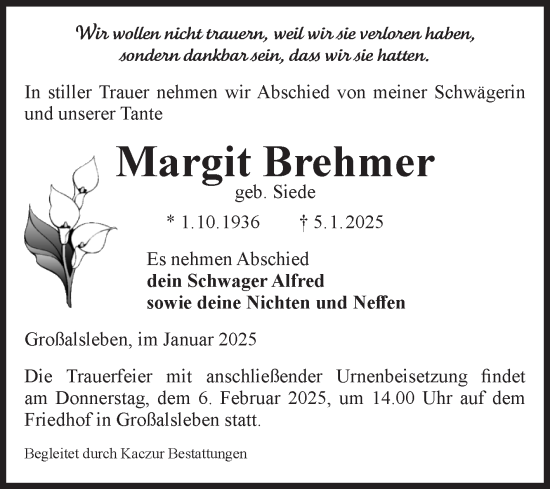 Traueranzeige von Margit Brehmer von Volksstimme Oschersleben/Wanzleben