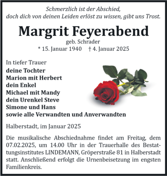 Traueranzeige von Margit Feyerabend von Volksstimme Halberstadt
