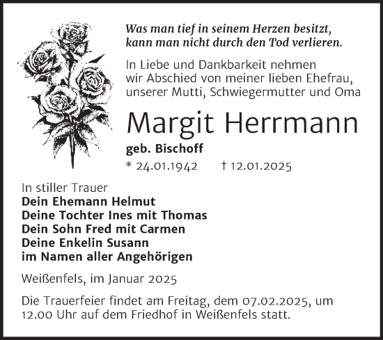Traueranzeige von Margit Herrmann von Trauerkombi Weißenfels