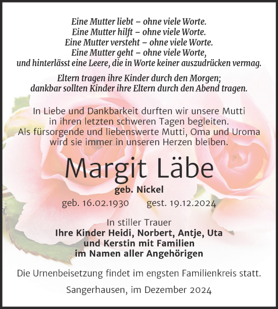 Traueranzeige von Margit Läbe von Trauerkombi Sangerhausen