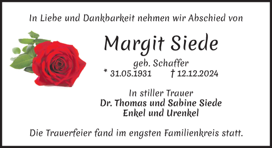 Traueranzeige von Margit Siede von Volksstimme Oschersleben/Wanzleben