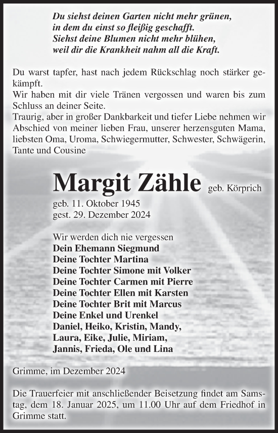 Traueranzeige von Margit Zähle von Volksstimme Zerbst