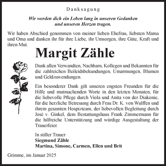 Traueranzeige von Margit Zähle von Volksstimme Zerbst