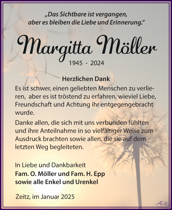 Traueranzeige von Margitta Möller von Trauerkombi Zeitz