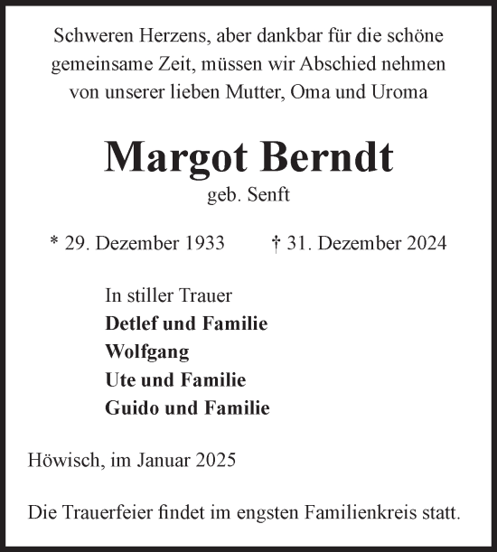 Traueranzeige von Margot Berndt von Volksstimme Altmark Ost
