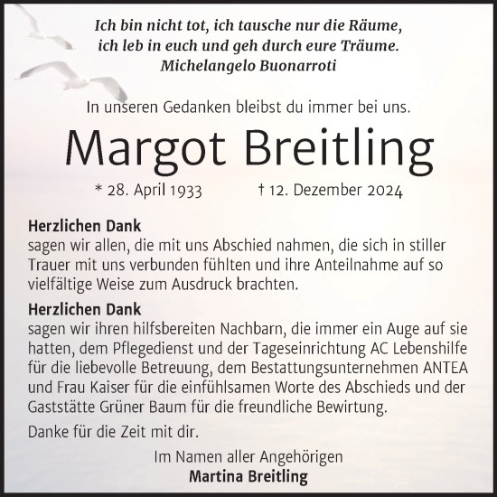 Traueranzeige von Margot Breitling von Trauerkombi Dessau