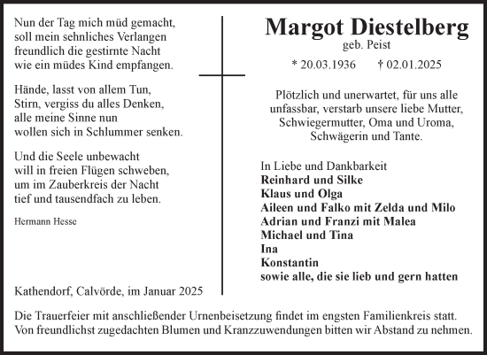 Traueranzeige von Margot Diestelberg von Volksstimme Haldensleben/Wolmirstedt