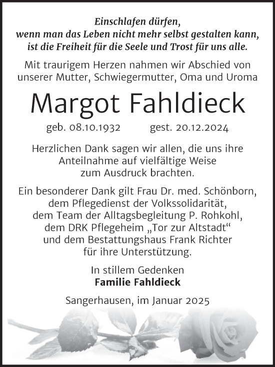 Traueranzeige von Margot Fahldieck von Trauerkombi Sangerhausen