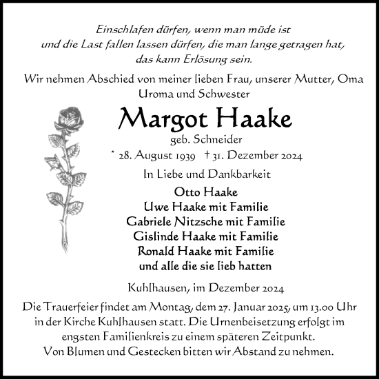 Traueranzeige von Margot Haake von Volksstimme Altmark Ost