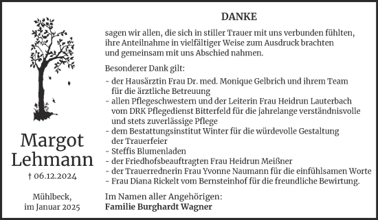 Traueranzeige von Margot Lehmann von Trauerkombi Bitterfeld