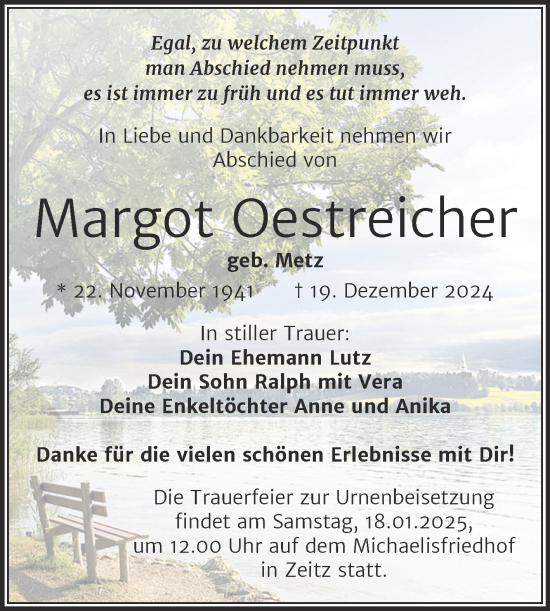 Traueranzeige von Margot Oestreicher von Trauerkombi Zeitz