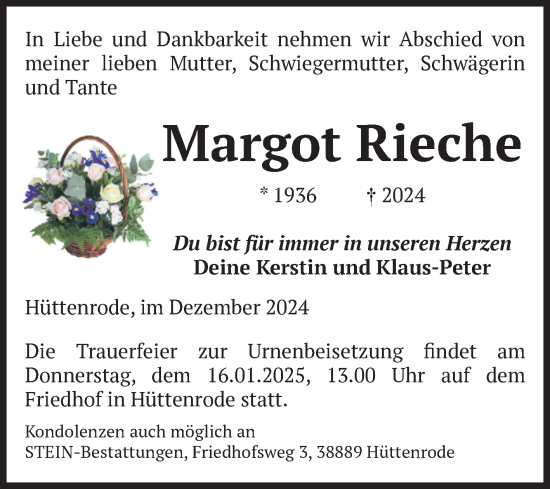 Traueranzeige von Margot Rieche von Volksstimme Wernigerode