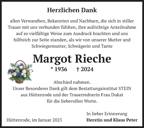 Traueranzeige von Margot Rieche von Volksstimme Wernigerode