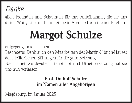 Traueranzeige von Margot Schulze von Volksstimme Magdeburg