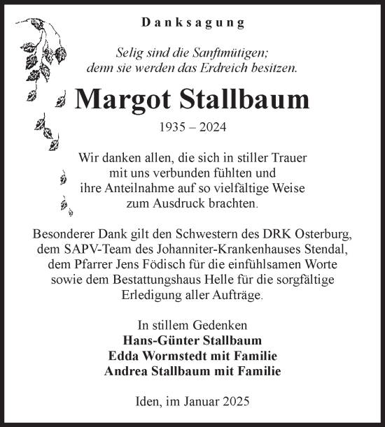 Traueranzeige von Margot Stallbaum von Volksstimme Altmark Ost