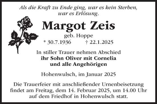 Traueranzeige von Margot Zeis von Volksstimme Altmark Ost