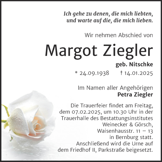 Traueranzeige von Margot Ziegler von Trauerkombi Bernburg